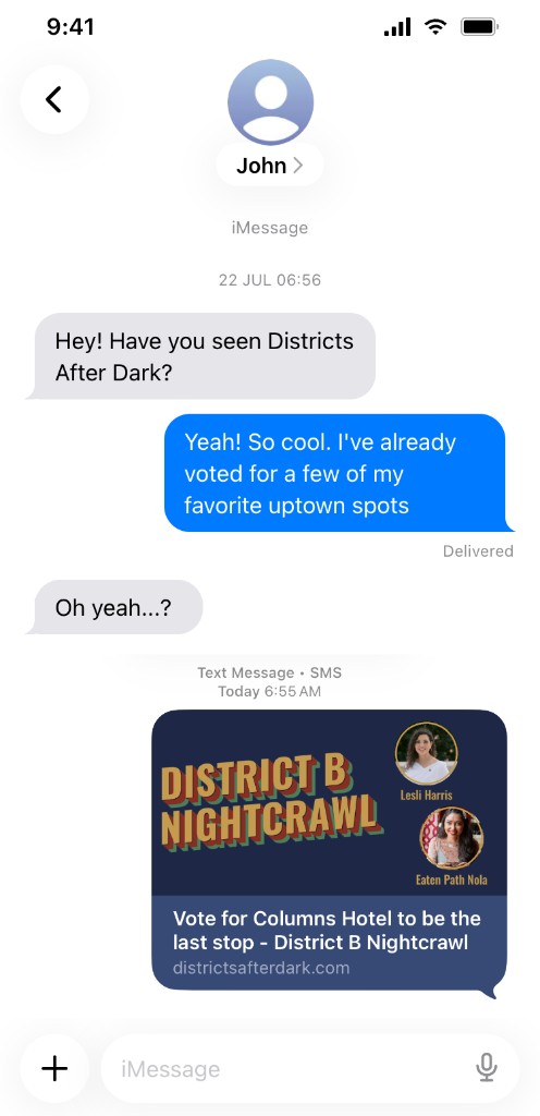 Text message conversation showing a Districts After Dark vote link unfurl into a rich preview card